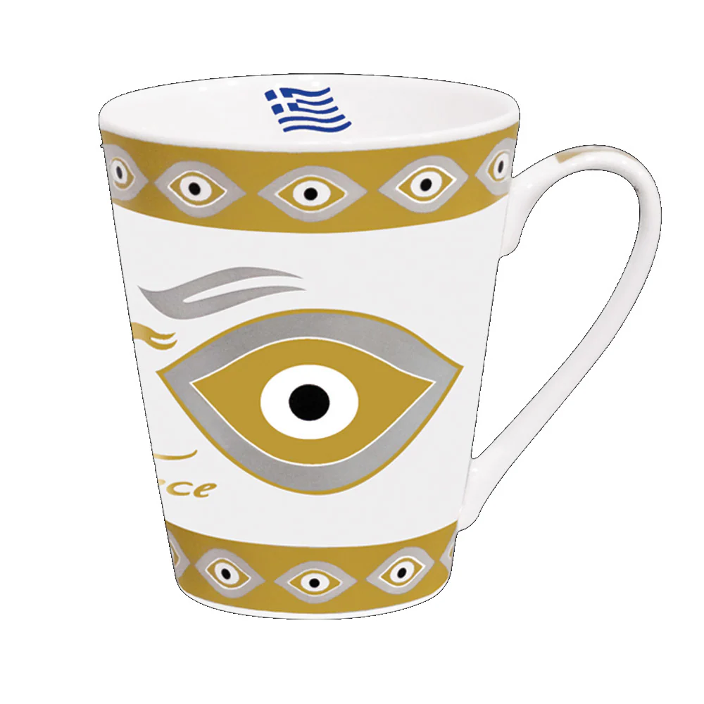 Tall Porcelain Coffee/Tea Cup - Greece - Evil Eye - Gold - 1 Cup