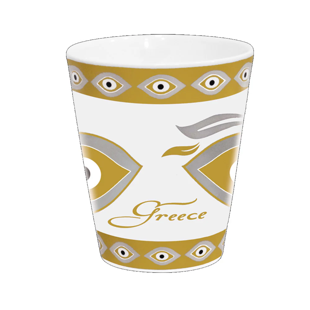 Tall Porcelain Coffee/Tea Cup - Greece - Evil Eye - Gold - 1 Cup - Image 2