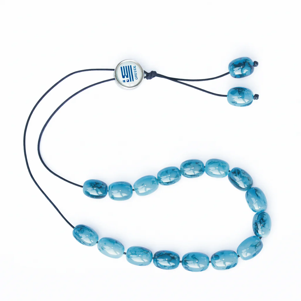 Worry Beads - Classic - Turquoise and Blue with Greek Flag Charm - 1 pc